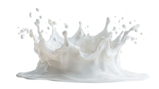 White milk splash forming crown shape with liquid drops, dynamic beverage movement, fresh dairy product on transparent background