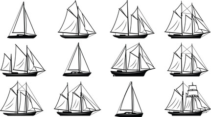 Black and White Vector Illustrations of Sailboats with Unique Hulls, Masts, and Sail Designs for Nautical, Educational, and Artistic Use