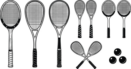 Black and White Vector Illustrations of Rackets and Balls for Tennis, Squash, Badminton, and Racket Sports Equipment Design and Comparison