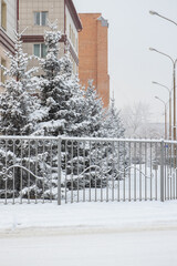 Gray metal fence with forged elements and a simple combination o