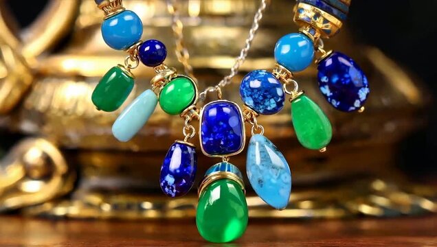 Vibrant Blue and Green Gemstone Necklace with Golden Details.