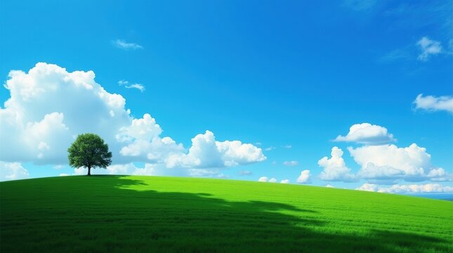Lone tree standing on a lush green hill under a bright blue sky - Powered by Adobe