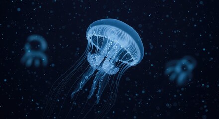 A jellyfish swimming in the dark ocean with a blue and white background.