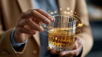 Whiskey in Hand: A refined individual holds a crystal tumbler of golden whiskey, a symbol of sophistication and the simple pleasure of an evening ritual.