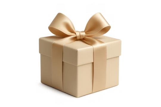 Golden gift box tied with an elegant satin ribbon and a perfect bow, presenting a lovely surprise, transparent background