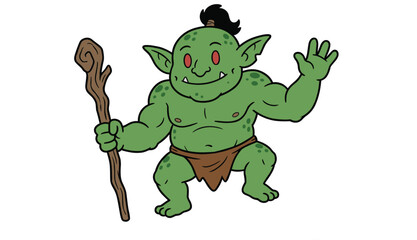 Cartoon green goblin character with staff and waving hand, fantasy monster design for games, storytelling, or magical illustration themes.