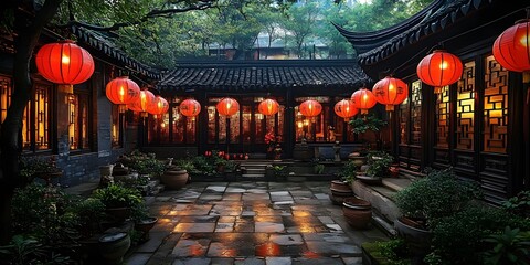 Courtyard of a heritage house adorned with red lanterns, traditional Chinese architecture for 2024 Lunar New Year, designed for cultural posters or travel banners.