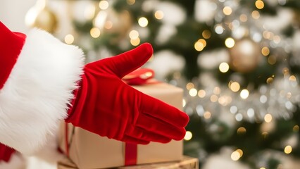 A close-up shot focusing on the hand of Santa Claus, wearing a traditional red and white-fur glove, holding out a neatly wrapped gift with a ribbon. The background features a blurred, sparkling Christ
