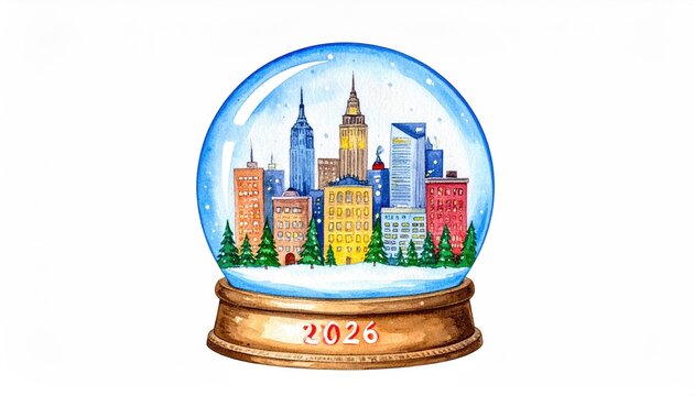 Snow globe with colorful city skyline illustration - Powered by Adobe