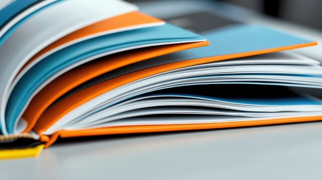 Close-up of an open book with vibrant orange, blue, and white pages. The book is lying on a table, with a shallow depth of field.
