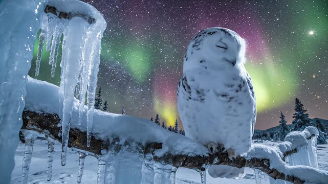 Snowy Owl Perching on Snowy Tree Branch Under Northern Lights