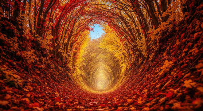 A tunnel of autumn leaves leading to a bright, sunny sky through a forest of trees with vibrant orange and yellow leaves.