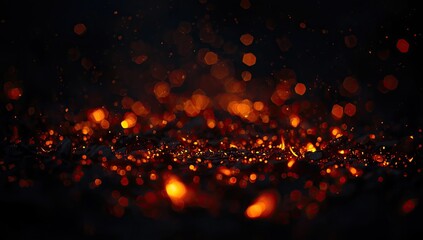 The dark backdrop showcases a collection of radiant, glowing, orange bokeh orbs, creating a blurred, abstract effect that is scattered and bright, suggesting an explosion or magical phenomenon,