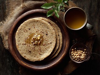 Rustic flatbread with walnuts and warm beverage