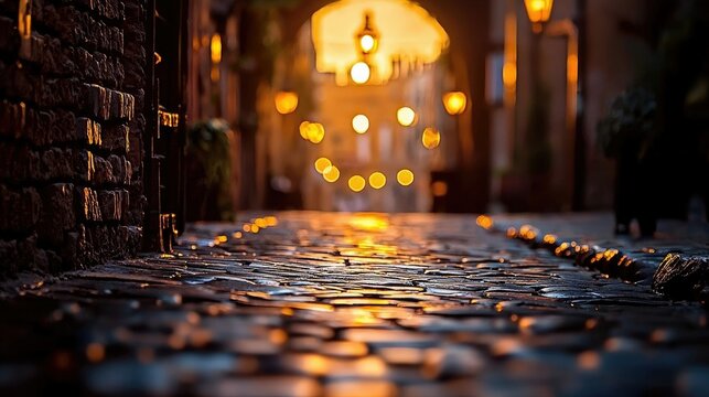 A cobblestone street is illuminated by warm, golden lights at dusk, creating a cozy and inviting atmosphere.