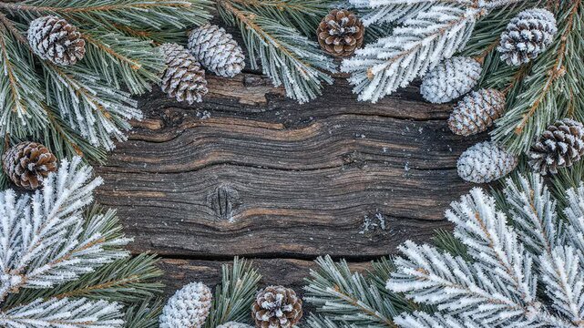 Snowy evergreen fir branches forming rustic border frame isolated background use overlay