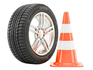 Car wheel and orange traffic cone isolated on transparent background