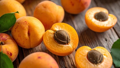 A collection of ripe apricots piled together, including a cut fruit showing its inner seed and juicy flesh. Perfect for culinary articles, food advertisements, organic produce markets.