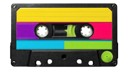 Colorful audio cassette tape with transparent background bringing 80s and 90s music nostalgia