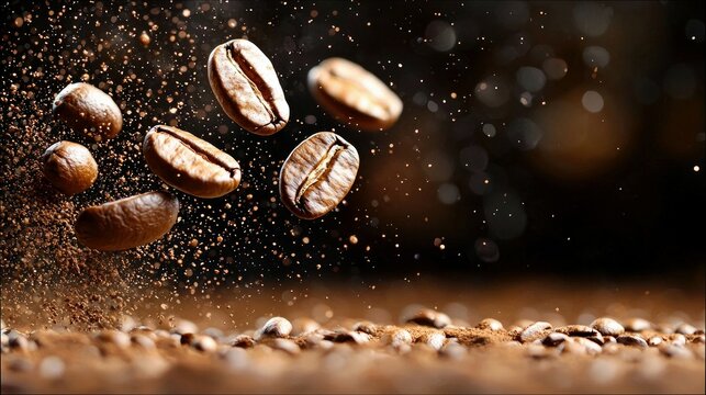 Close-up shot of coffee beans and coffee grounds falling against a dark background, creating a dynamic and visually appealing composition.