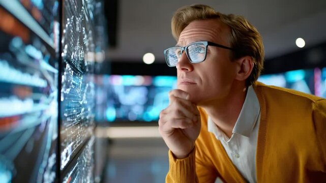 Mindful Analysis: A contemplative professional, clad in glasses and an orange sweater, intently observes a complex array of information.
