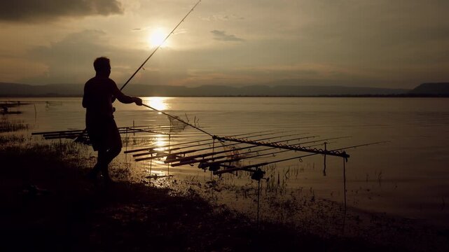 Fishing rods set up beside calm lake at sunset, beautiful golden reflection and peaceful scenery, outdoor hobby concept.