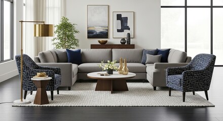 A modern living room with a gray sectional sofa, blue patterned armchairs, a round coffee table, and a large window.