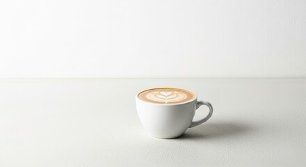 A white coffee cup with a heart-shaped latte art design on a white table.