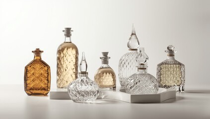 Group of decorative glass bottles with intricate geometric patterns and cork stoppers are arranged on a white surface, displaying a variety of shapes and sizes with varying shades of gold and clear...