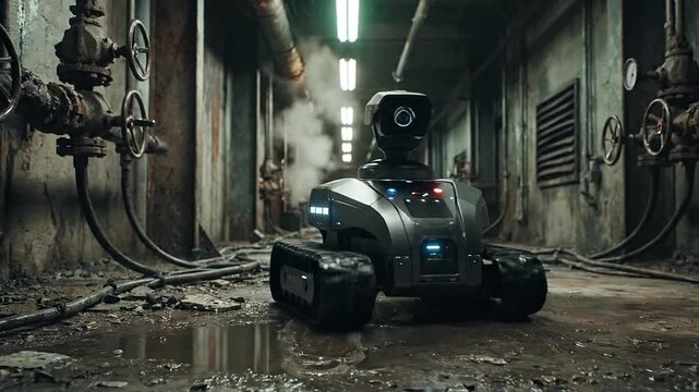 Rolling on durable treads, a small futuristic surveillance robot navigates a grimy industrial hallwa 181