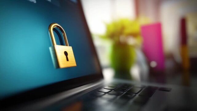 Cyber Fortress: A glowing lock symbol on a laptop screen, emphasizing digital security and protection of sensitive information, representing a shield in a technological landscape.
