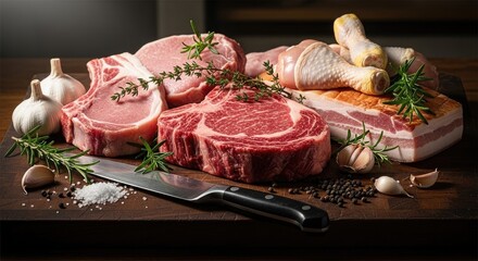 A variety of raw meat and vegetables on a wooden cutting board with a knife and garlic cloves.