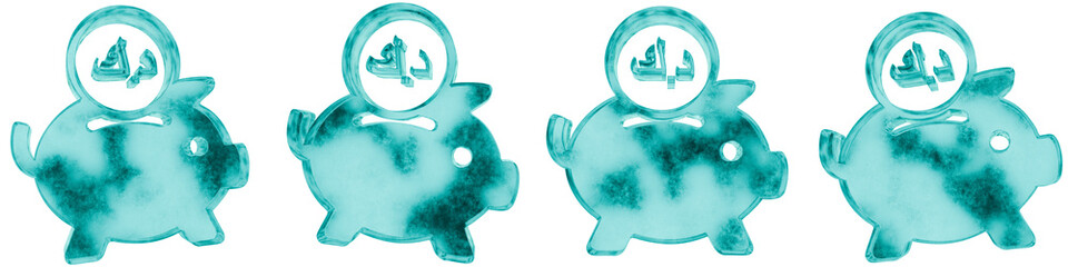 Set of four 3D piggy saving kuwaiti dinar shapes in frosted blue ice glass style, isolated on a transparent background. Glassmorphism icons and 3D elements for modern graphic design.