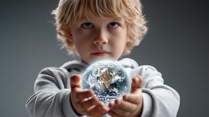 A Child's Gentle Embrace of Earth: A young child tenderly cradles a miniature Earth, symbolizing a deep connection to nature and a hopeful vision for the future.