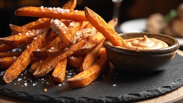 Rotating turntable displays sweet potato fries with chipotle aioli dipping sauce