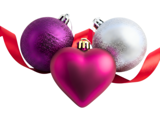 Three christmas ornaments with red ribbon isolated on transparent background