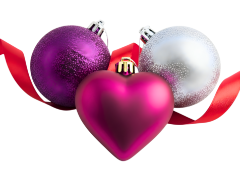 Three christmas ornaments with red ribbon isolated on transparent background - Powered by Adobe