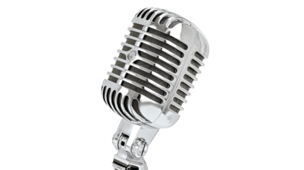 Vintage chrome microphone for recording, broadcasting, podcasting. Retro audio equipment for music, live events, entertainment