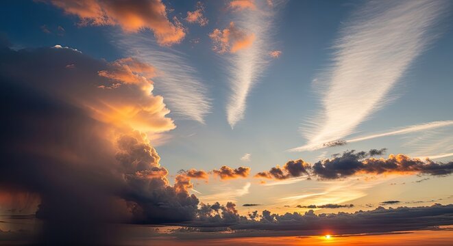 A dramatic sunset with swirling clouds and a vibrant orange sky. - Powered by Adobe
