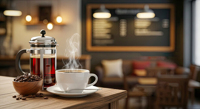 A steaming cup of coffee with a French press and a bowl of coffee beans on a wooden table in a cozy coffee shop.