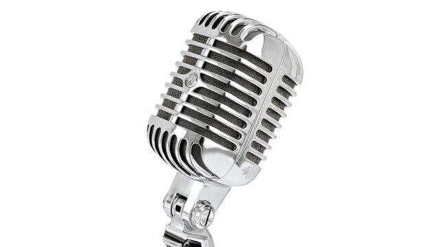 Vintage chrome microphone for recording, broadcasting, podcasting. Retro audio equipment for music, live events, entertainment