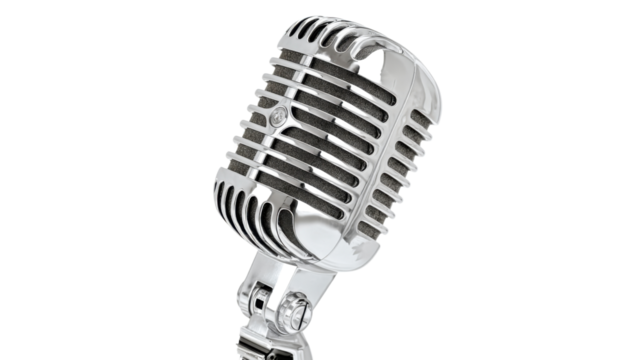 Vintage chrome microphone for recording, broadcasting, podcasting. Retro audio equipment for music, live events, entertainment
