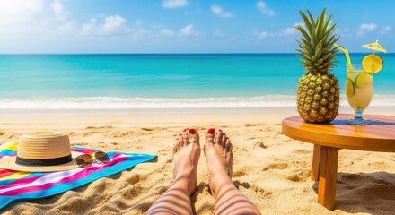 Woman's feet relaxing on the beach with a pineapple and a cocktail.