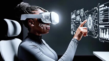A woman wearing a VR headset interacts with digital interface, with face and headset lines - Powered by Adobe