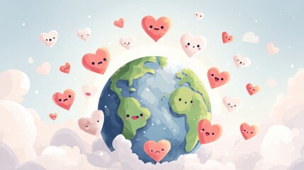 Cute Earth with Smiling Faces and Heart-shaped Clouds in Soft Pastel Colors