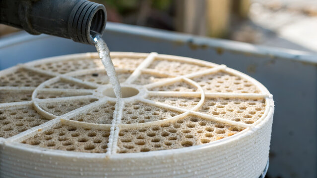 Water Scarcity Climate Solutions Concept.Ceramic water purifier disc filters sediment effectively, ensuring high fidelity filtration for clean