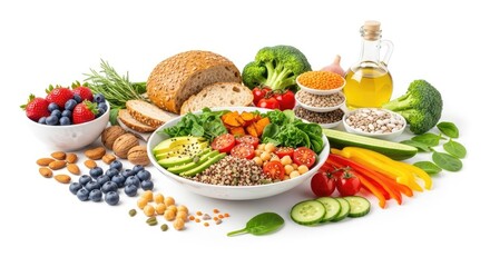 A colorful, healthy meal with a variety of vegetables, fruits, and grains.