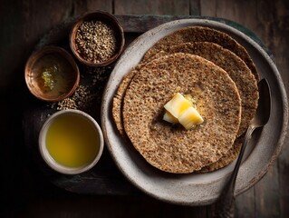 Warm stack of savory buckwheat pancakes with butter and honey