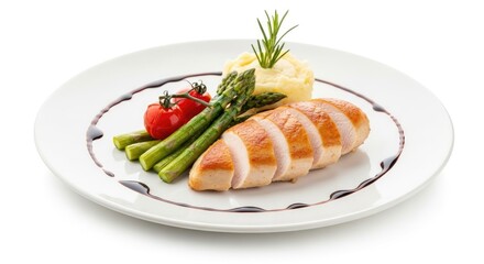 A plate of roasted chicken breast with mashed potatoes and asparagus on a white plate with a dark rim.