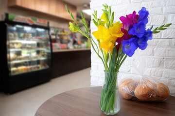 Vibrant Flower Arrangement With Fresh Bakery Display in Modern Cafe Setting